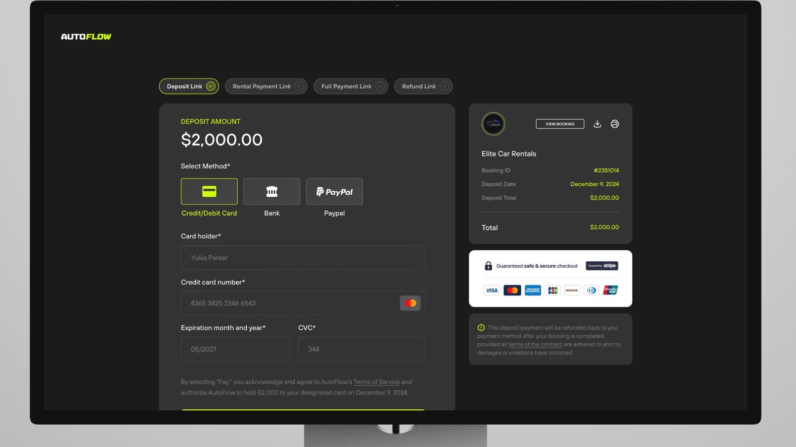Autoflow deposit payment link on a desktop screen