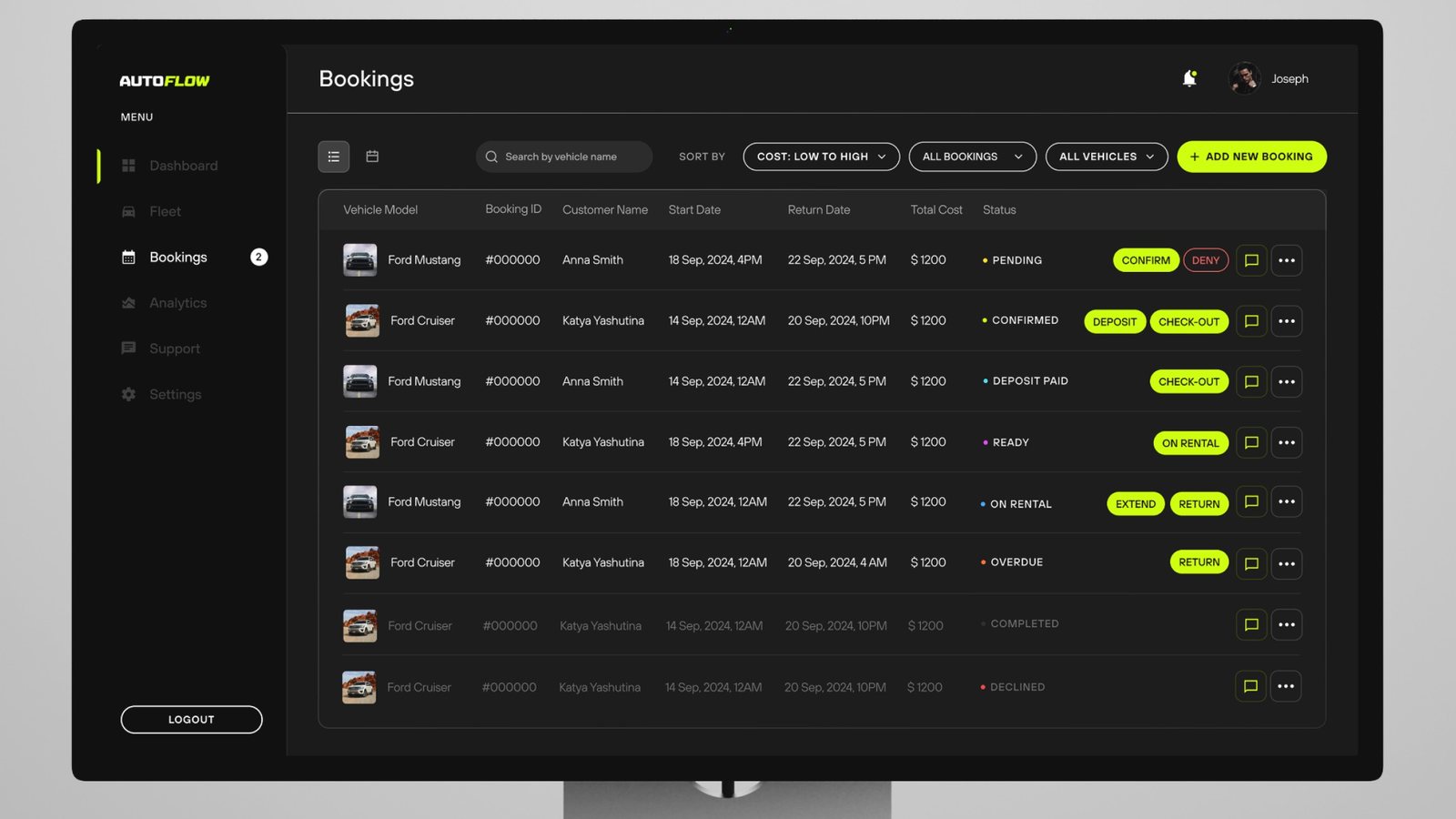 Autoflow bookings list showing pending, confirmed, on rental and overdue reservations