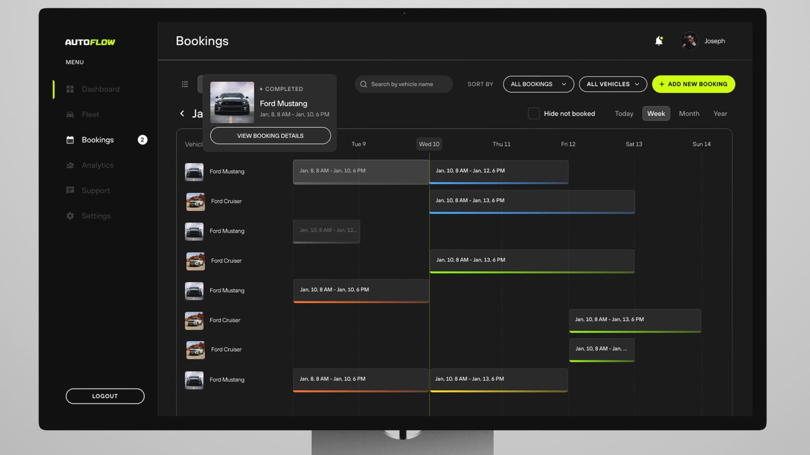 Autoflow bookings calendar showing a week of vehicle reservations