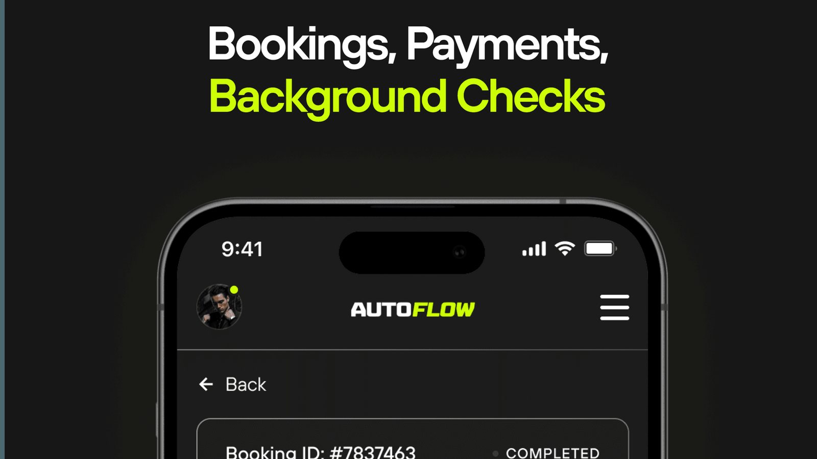 Autoflow mobile app showing a direct booking with payment and background check results