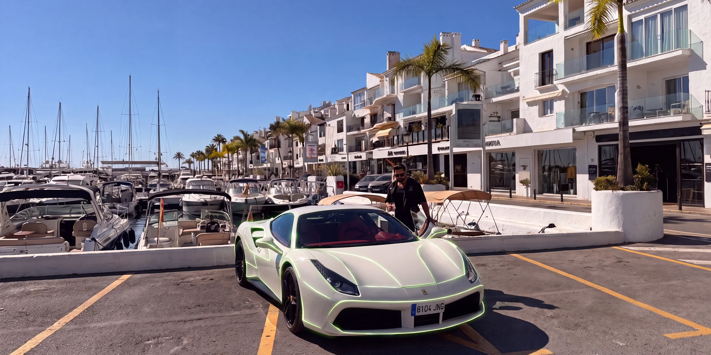 Connor Gill, Autoflow founder, with a Ferrari 488 at the Puerto Banus marina in Marbella